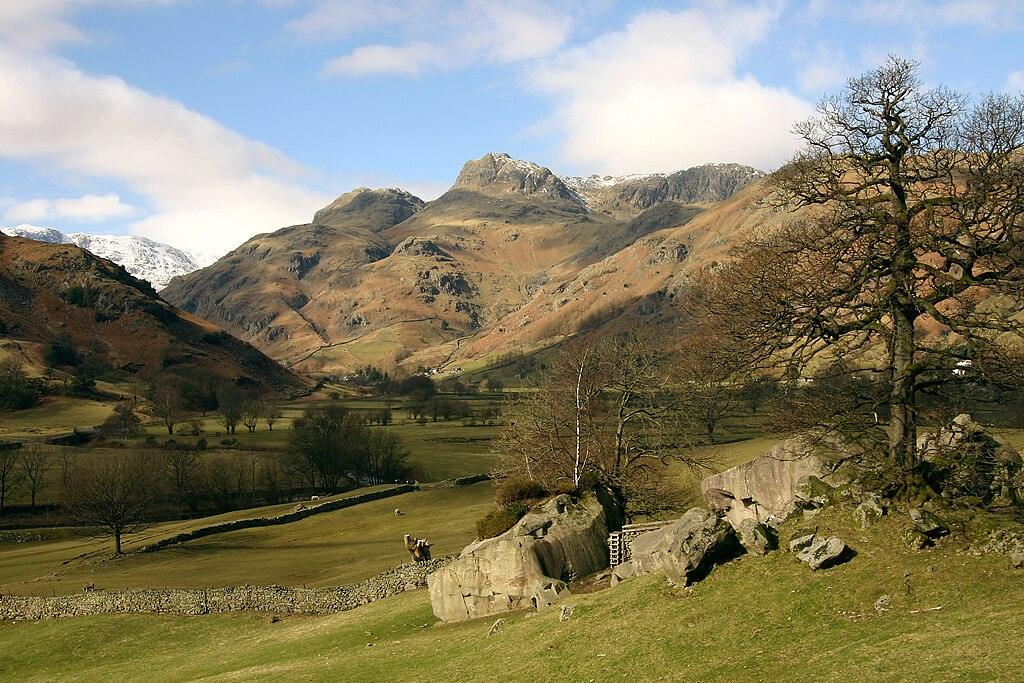 Scenic view of a mountainous landscape with rugged peaks, dry-stone walls, bare trees, and a grassy foreground.