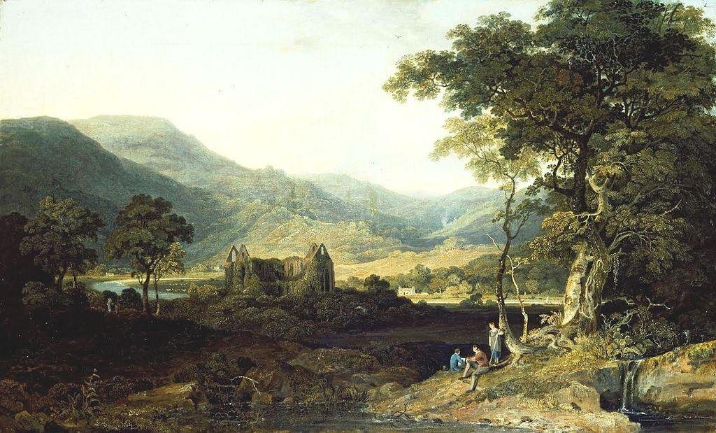 A picturesque landscape featuring mountains, a ruin, trees, and three people in the foreground near a tree and a small waterfall.