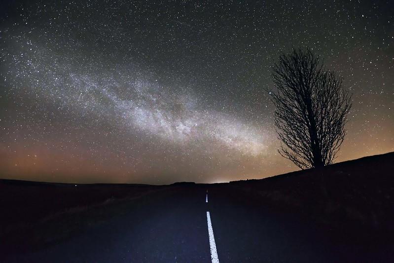 A dark road leading towards the horizon under a starry sky with the Milky Way galaxy visible, and a tree silhouette on the right side.