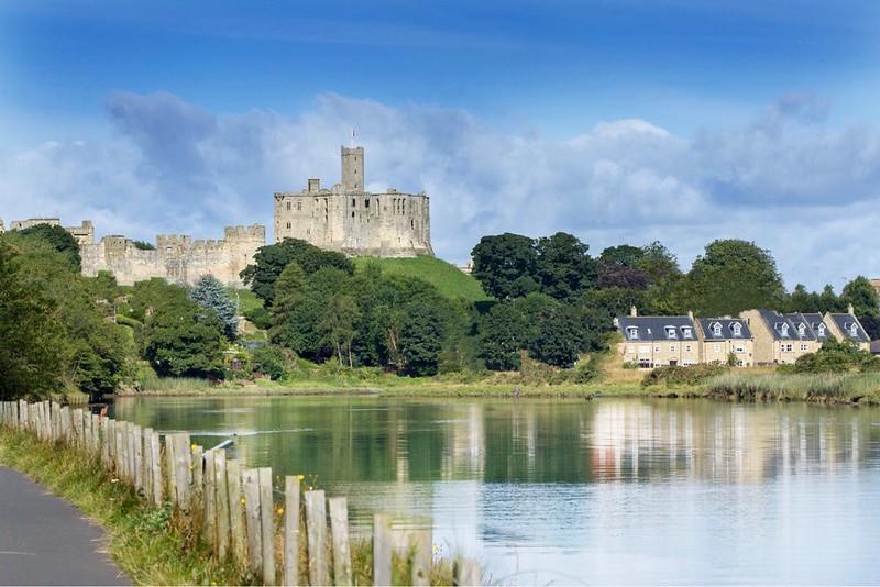 A large stone castle on a hill surrounded by trees, with a river in the foreground and houses on the right.