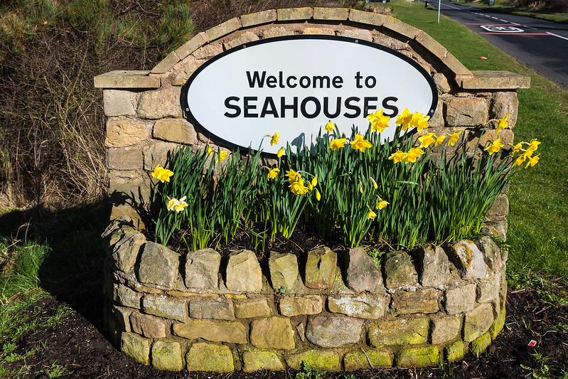 "Welcome to Seahouses" sign with daffodils in a stone planter.