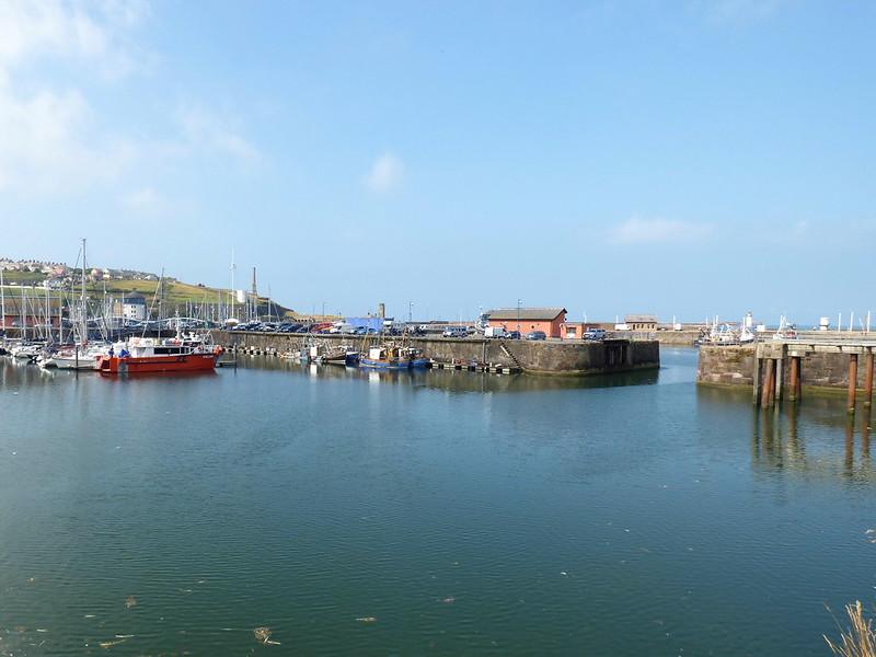 A calm harbour with boats docked, a pier, and buildings in the background under a clear blue sky.