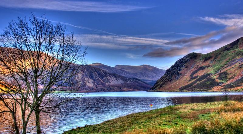 Ennerdale Water | A serene lake surrounded by mountains with a bare tree in the foreground and a clear blue sky.