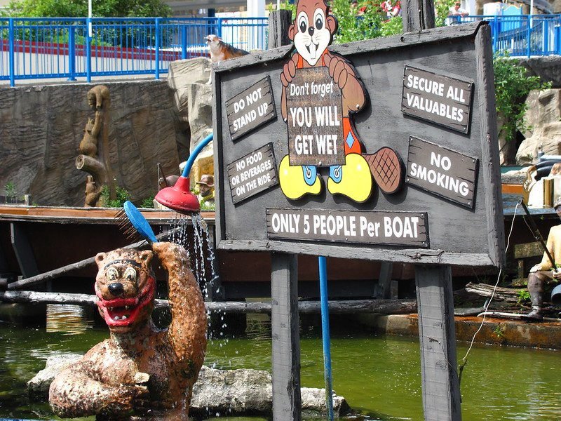 Amusement park water ride warning sign and decorative bear statue in a pond.