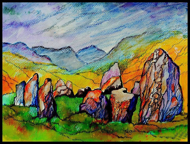 Colourful abstract painting of a rocky landscape with mountains in the background.