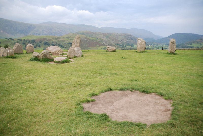 Stone circle on a grassy landscape with hills in the background under a cloudy sky.