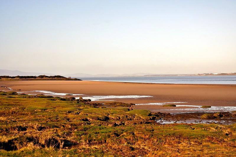 Coastal landscape with sandy beach, calm sea, and patches of green mossy rocks in the foreground.