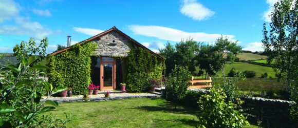 Stone cottage with ivy-covered walls, a wooden door, potted plants, and a lush green garden under a blue sky.