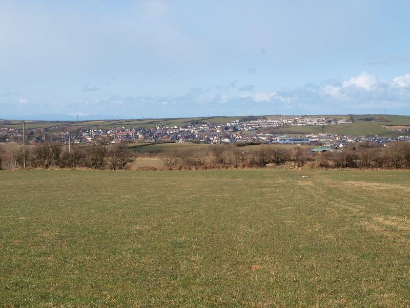 Open grass field with shrubs and a distant view of a town on rolling hills under a partly cloudy sky.