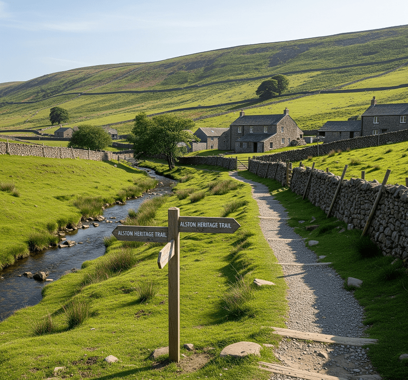A rural trail beside a small stream, flanked by stone walls and green hills, with a wooden signpost indicating the Alston Heritage Trail and stone cottages in the background under a clear sky.