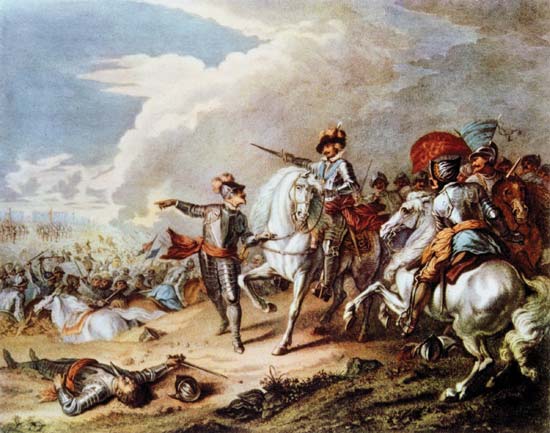 A painting of a battlefield scene featuring mounted soldiers, one pointing forward while others engage in combat, with fallen soldiers on the ground.