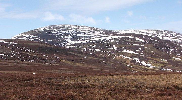 Snow-capped mountain range with patches of brown vegetation in the foreground.