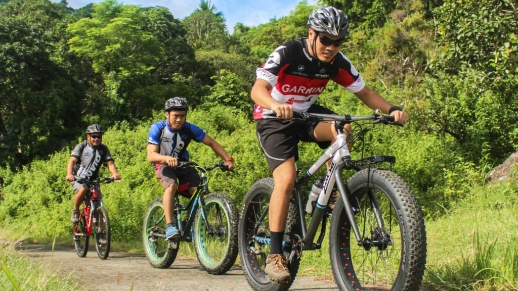 Three cyclists wearing helmets and sportswear riding fat-tire mountain bikes on a paved trail surrounded by dense green trees and foliage under a clear sky