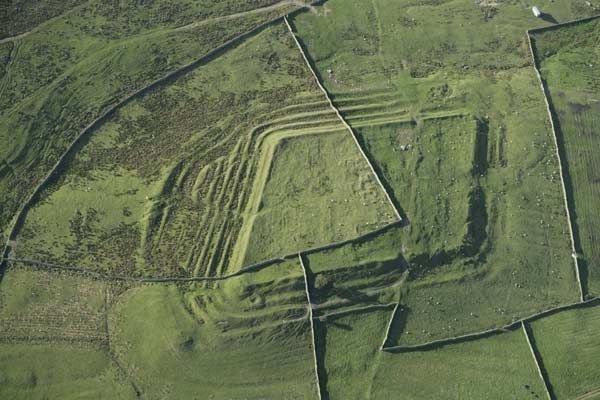 Aerial view of ancient earthwork terraces and rectangular enclosures in a green grassy landscape divided by stone walls.