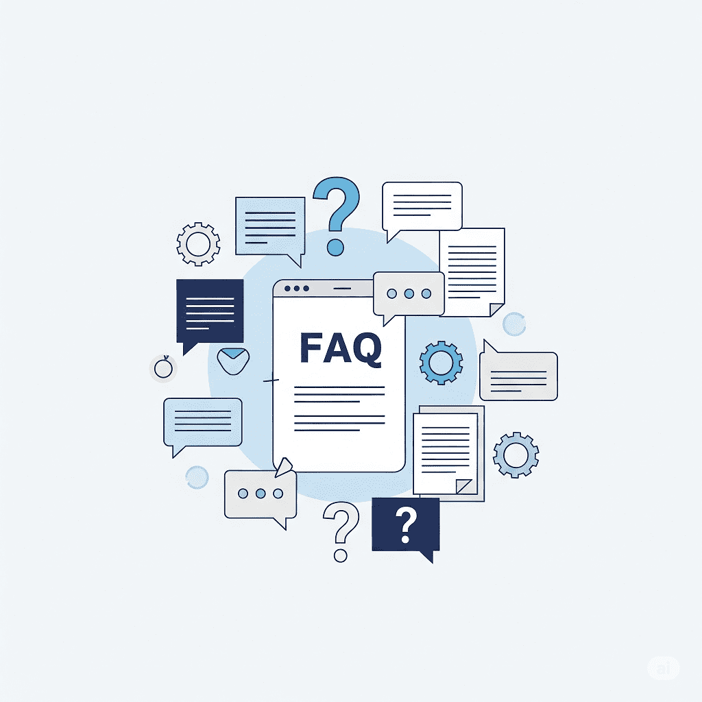 Helvellyn | Guardian of Glenridding and Patterdale 9 Illustration of a digital FAQ page surrounded by various speech bubbles containing text and question marks, along with gear icons symbolising settings or information processing, all set against a light blue abstract background.