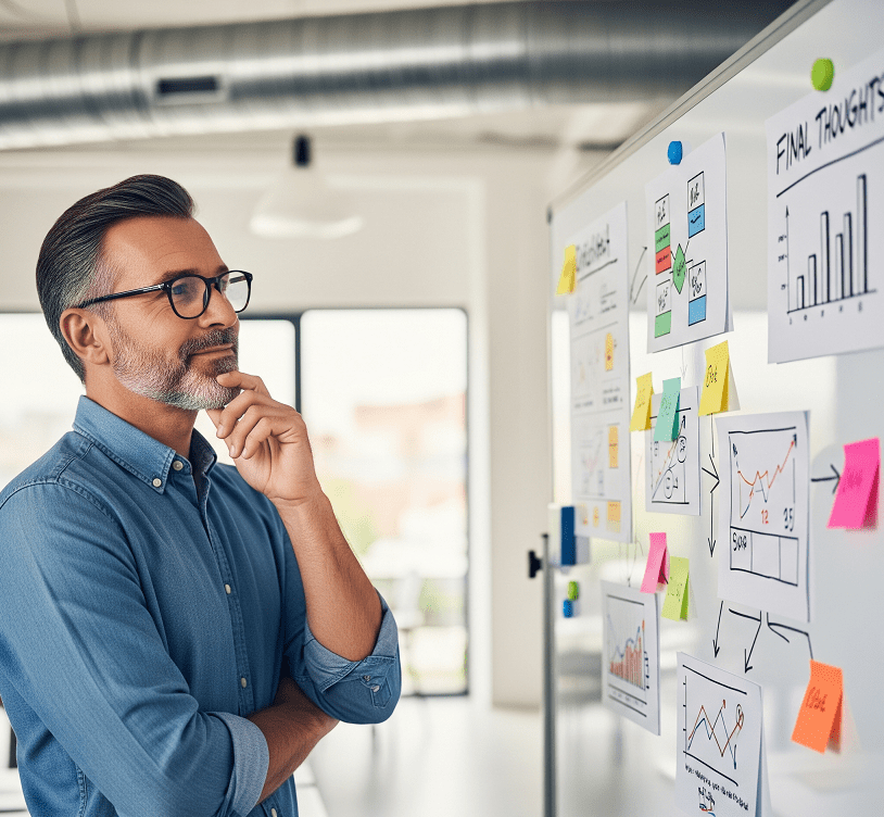 Helvellyn | Guardian of Glenridding and Patterdale 8 A man with glasses and a beard in a blue shirt thoughtfully looking at a whiteboard covered with charts, graphs, and colorful sticky notes in a modern office setting