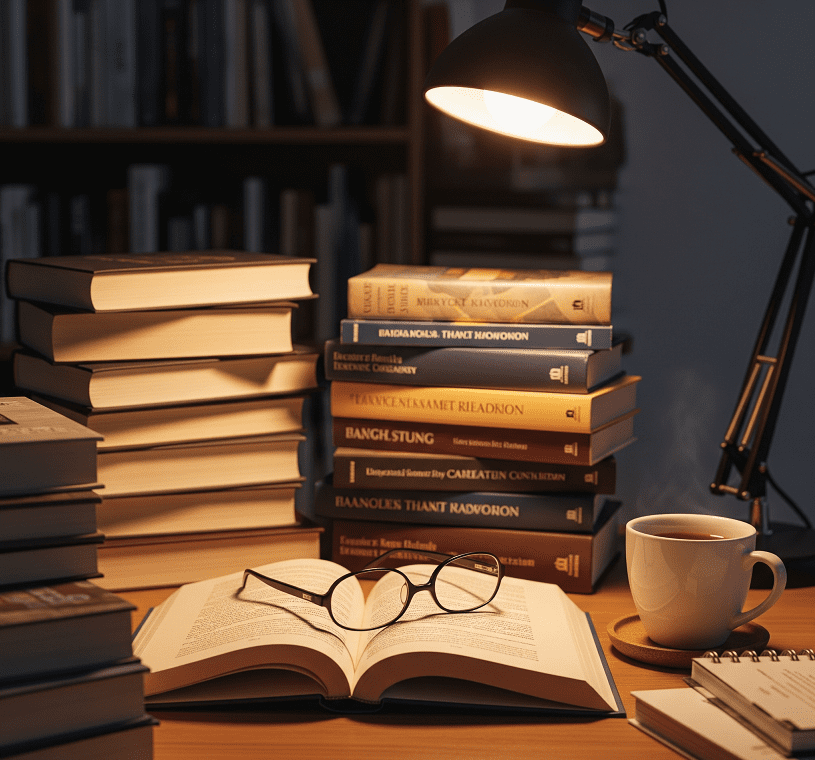 Helvellyn | Guardian of Glenridding and Patterdale 10 A tidy wooden desk illuminated by a desk lamp featuring an open book with reading glasses resting on it, surrounded by stacks of closed books and a steaming cup of tea or coffee on a coaster, with a bookshelf in the background.
