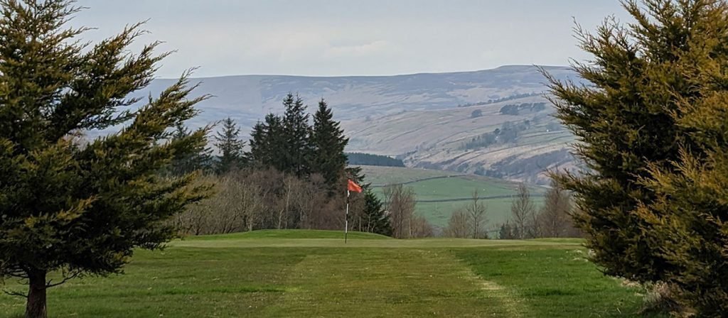 Golf course green with an orange flagstick surrounded by trees, set against rolling hills under a cloudy sky