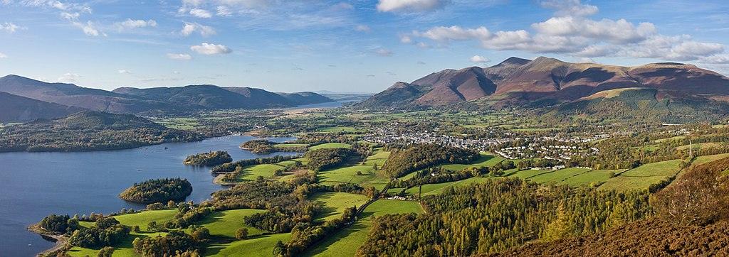 Panoramic view of Derwentwater and Keswick in the Lake District, with surrounding hills and green fields.