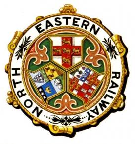 North Eastern Railway crest featuring a circular design with four heraldic shields in the centre, surrounded by a gold rope and the words "North Eastern Railway" in black letters.