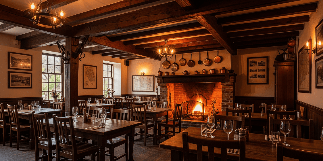 Cozy traditional dining room with wooden beams, multiple wooden tables and chairs, glassware set on tables, framed pictures on the walls, a lit brick fireplace with copper pots and kettles displayed on the mantle, and warm ambient lighting from chandeliers and wall sconces.