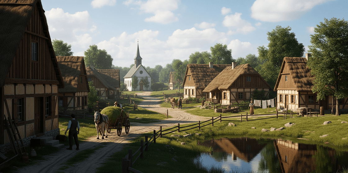A peaceful rural village with thatched-roof cottages along a dirt road, a horse-drawn cart carrying hay, villagers walking and standing, a white church with a tall steeple in the background, and a pond reflecting the houses and trees under a partly cloudy sky.