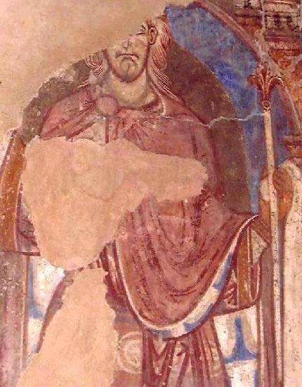 Damaged fresco of a figure in a red robe holding a sceptre.