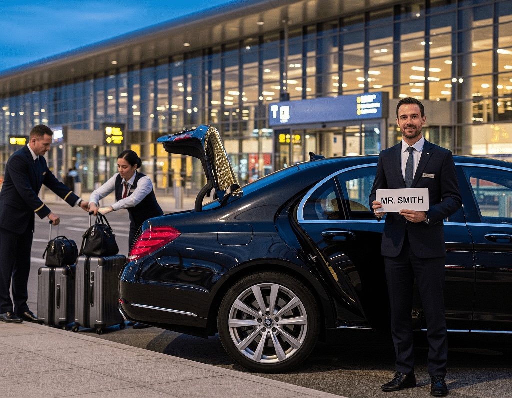 Airport Transfers 1 A male chauffeur in a suit holding a sign with the name 'MR. SMITH' beside a black luxury car with its trunk and rear door open, while a man and a woman handle luggage near an airport terminal in the background at dusk.