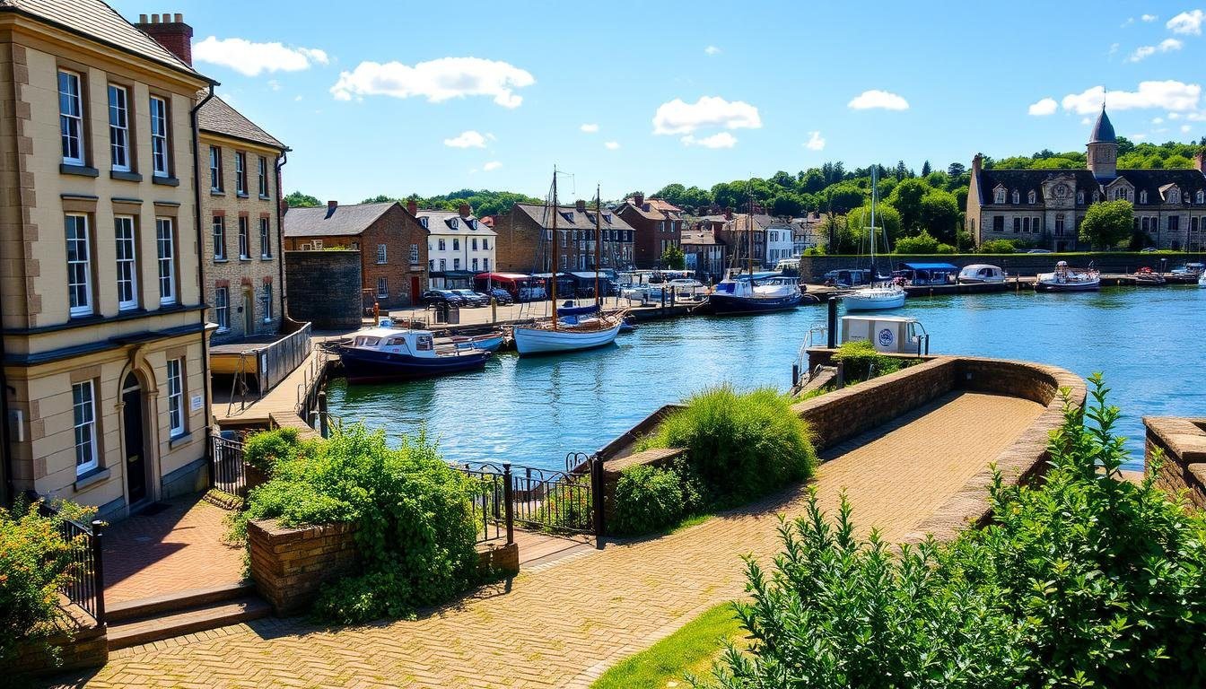 Harbour scene with boats docked along a calm river, surrounded by traditional buildings and lush greenery under a blue sky.