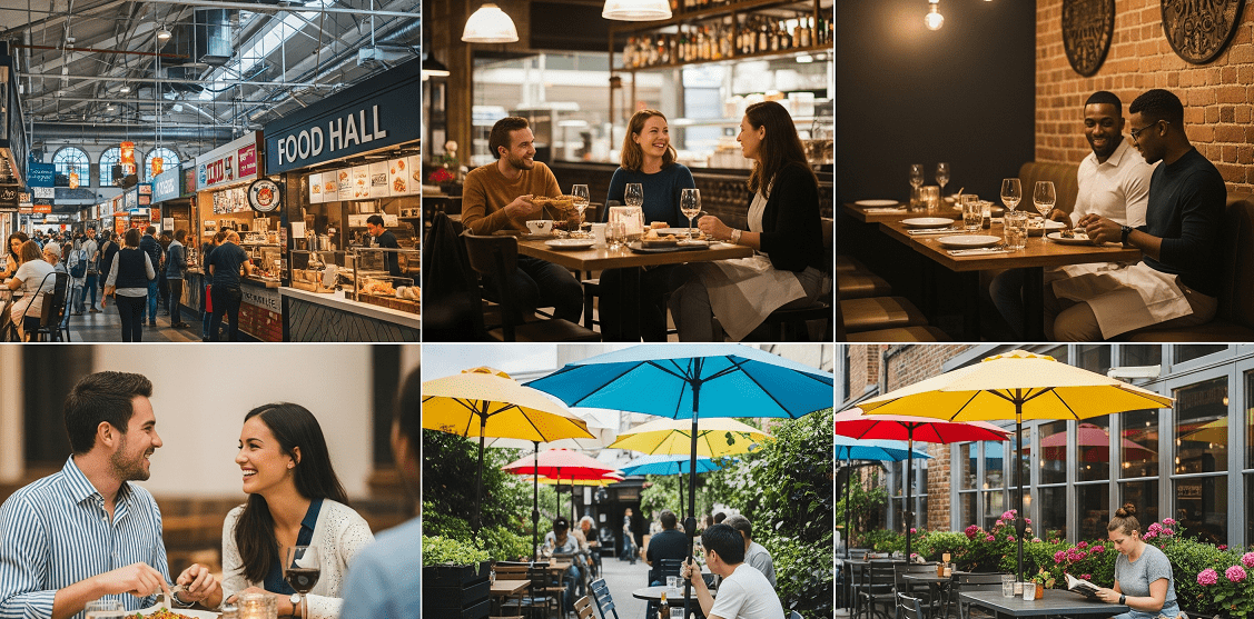 Collage of six images showing various dining scenes including a busy indoor food hall, groups of people enjoying meals at indoor restaurant tables, a couple dining together smiling, and outdoor seating under colourful umbrellas in a garden-like setting.