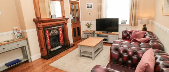 Cosy living room with dark leather sofas, a wooden coffee table, a flat-screen TV, a decorative fireplace with a mirror above, and light-coloured curtains.